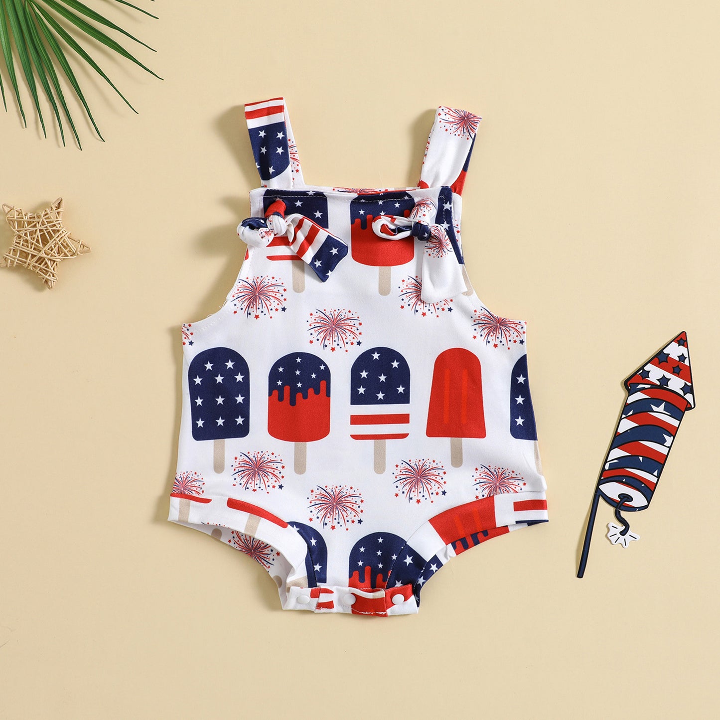 Côte & Crown baby clothes sleeveless romper with red white and blue ice lolly and fireworks print