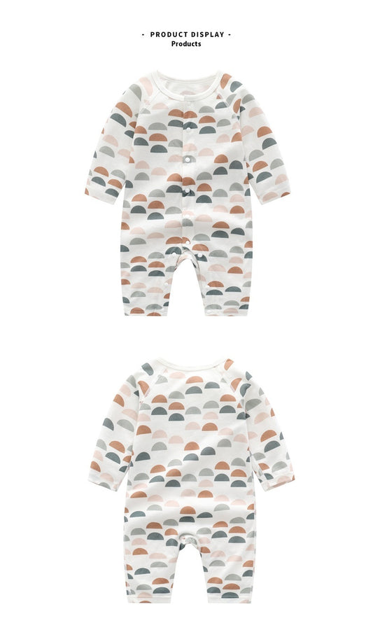 Light and soft bamboo fibre jumpsuit by Côte & Crown in white with multicolor pattern breathable bamboo baby clothes
