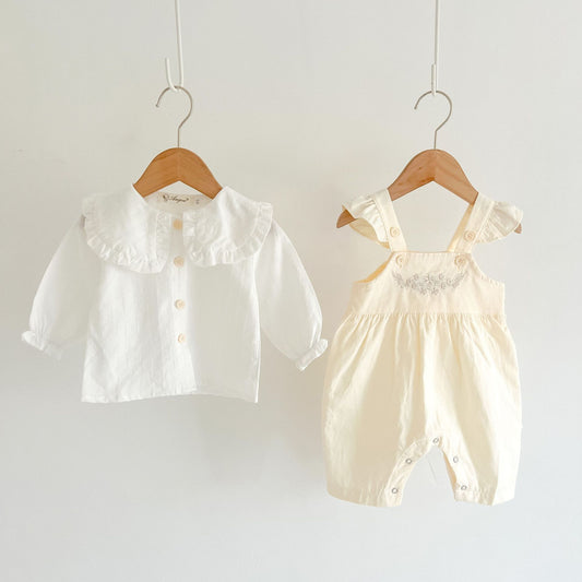Luxury baby girl outfit affordable with white ruffle collar top and adjustable suspender romper