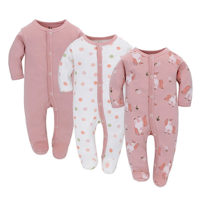 Côte & Crown soft cotton baby sleeper set with pink solid, polka dot, and unicorn print rompers