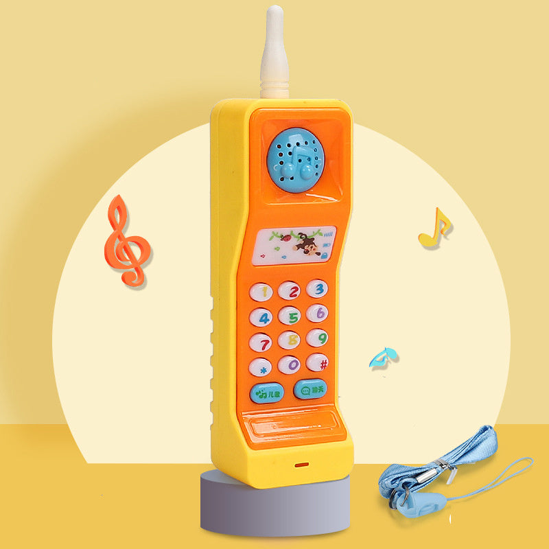 Côte & Crown yellow and orange baby toy phone with buttons and musical notes background