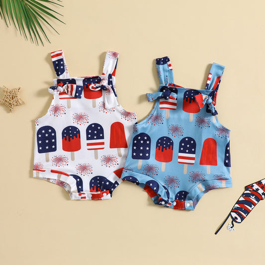 Côte & Crown baby clothes two sleeveless rompers with red white and blue ice cream and fireworks print