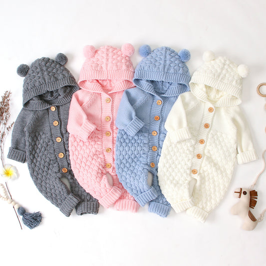 Côte & Crown knitted baby clothes romper suits with hoods and pom pom ears in gray pink blue and white