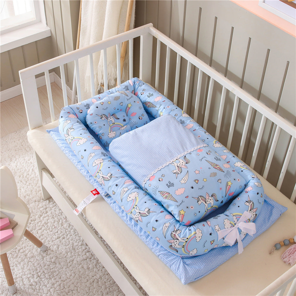 Côte & Crown new-born foldable middle bed baby infant in blue with unicorn and rainbow design