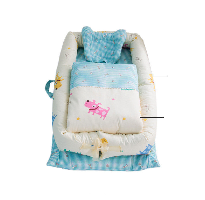 Côte & Crown newborn foldable middle bed baby infant with blue cushion and cartoon animal prints