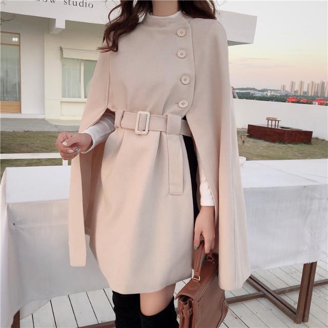 Côte & Crown women's beige belted cape coat with large buttons and slit sleeves