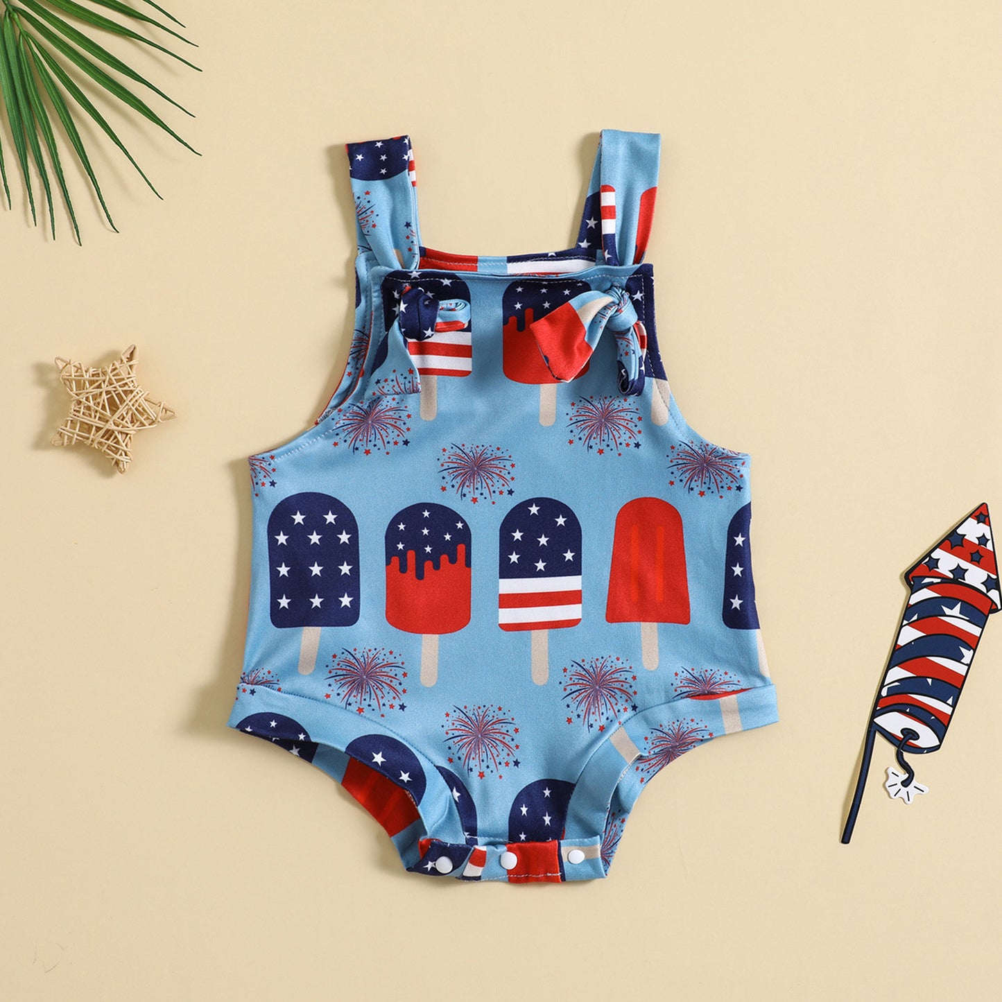 Côte & Crown baby clothes blue romper with patriotic ice pop print and firework design