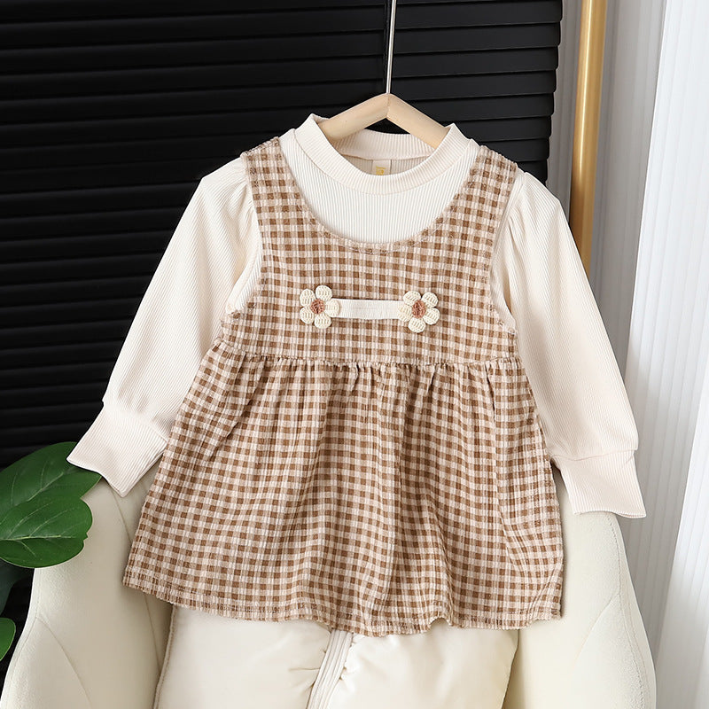Côte & Crown Brown Check Baby Dress with Long Sleeve Top