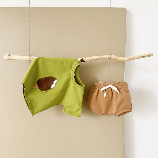 Côte & Crown baby clothes set with green sleeveless top featuring ice cream print and brown shorts with white drawstring