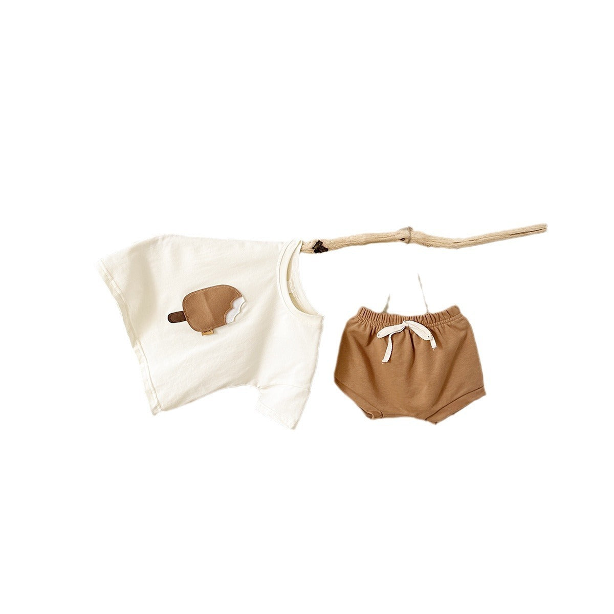Côte & Crown baby clothes set with cream ice cream print top and brown drawstring shorts