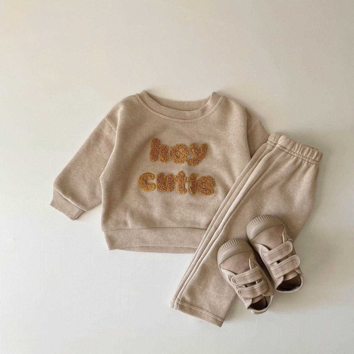 Côte & Crown embroidered baby long sleeve two-piece autumn baby clothes set in beige with matching pants and shoes