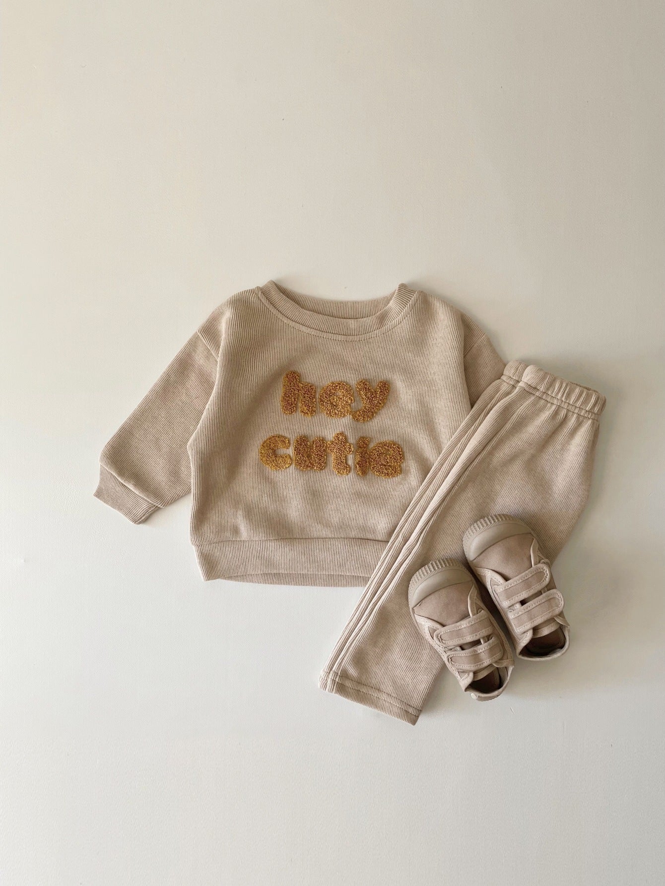 Côte & Crown embroidered baby long sleeve two-piece autumn baby clothes set in beige with matching shoes