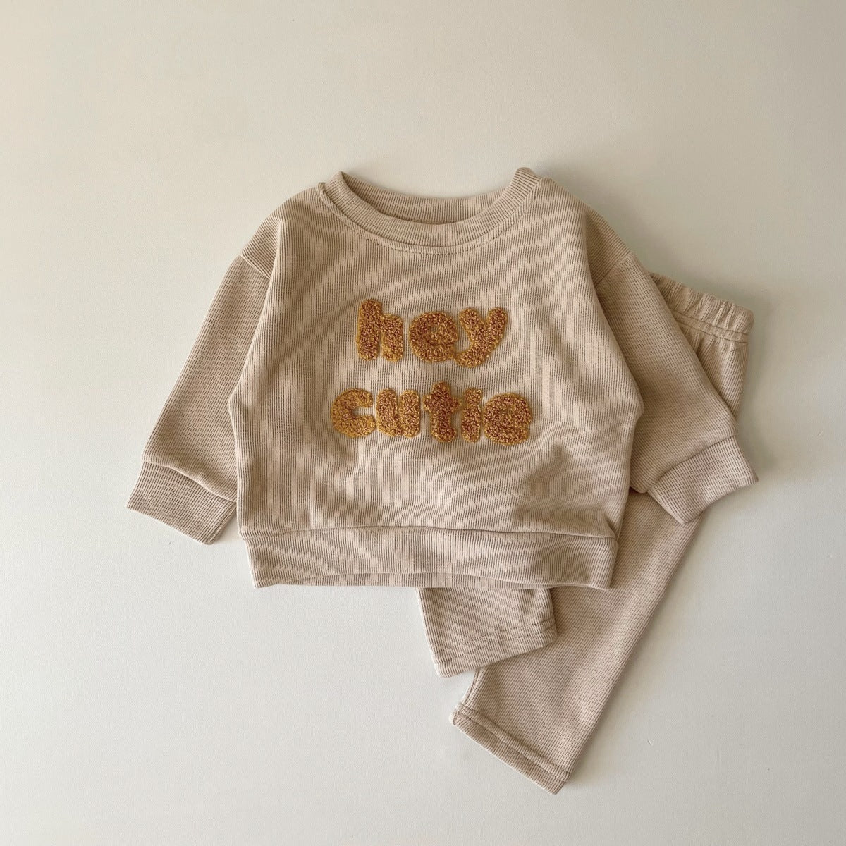 Côte & Crown embroidered baby long sleeve two-piece autumn baby clothes set in beige with hey cutie design