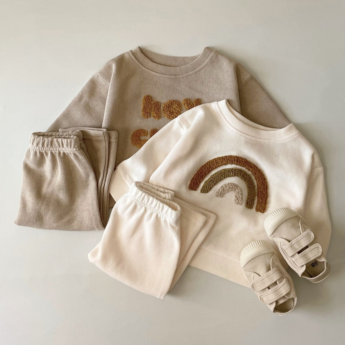 Côte & Crown embroidered baby long sleeve two-piece autumn baby clothes set with rainbow and text designs