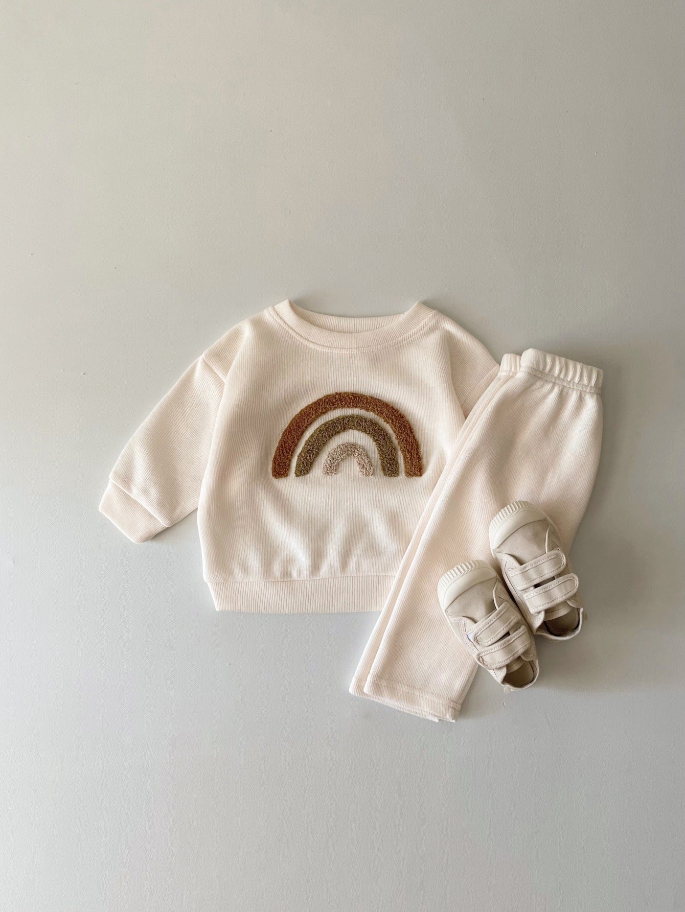 Côte & Crown embroidered baby long sleeve two-piece autumn baby clothes set with rainbow design and matching pants