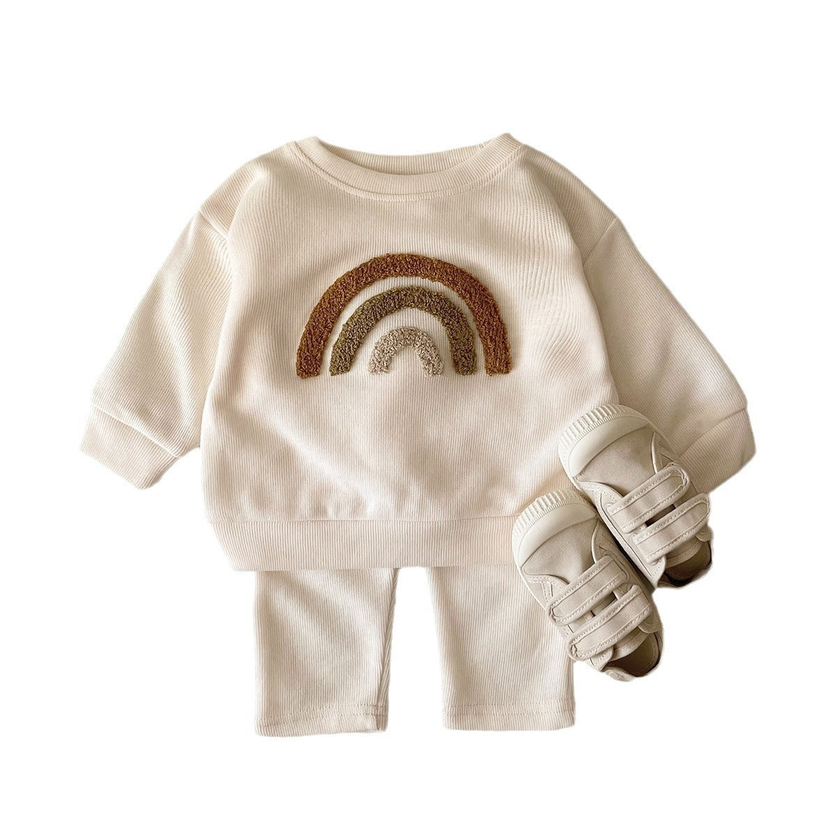 Côte & Crown embroidered baby long sleeve two-piece autumn baby clothes set with rainbow design and matching shoes