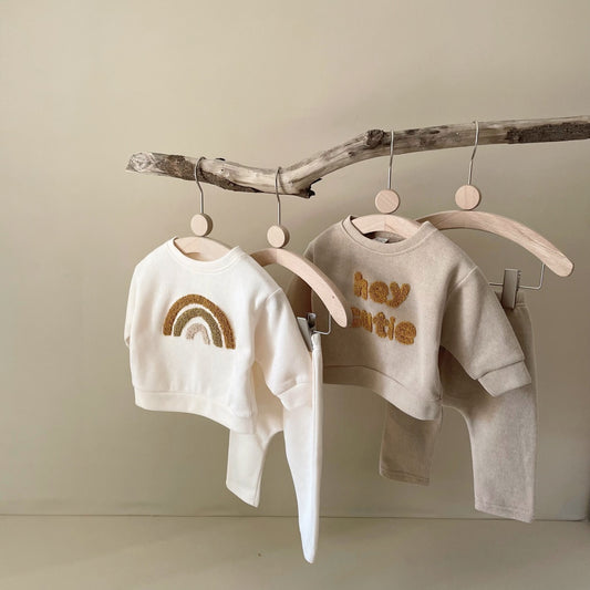 Côte & Crown embroidered baby long sleeve two-piece autumn baby clothes set in neutral tones
