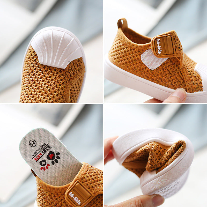 Côte & Crown infant toddler non-slip soft bottom shoes as comfortable kids sneakers for everyday wear in brown mesh design
