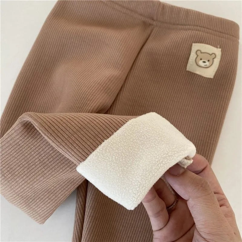 Côte & Crown brown ribbed baby pants with soft white fleece lining and bear patch
