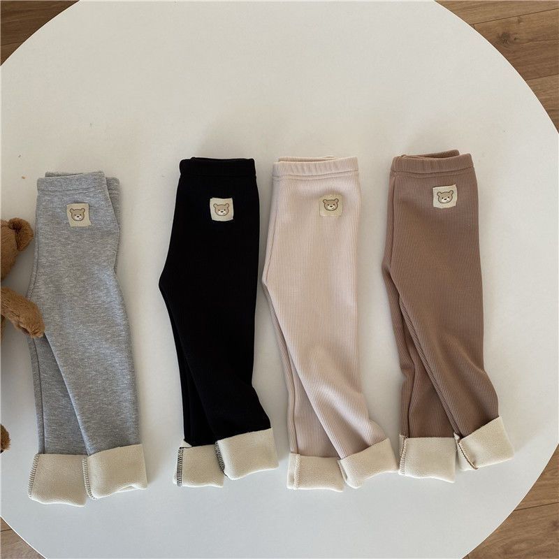 Côte & Crown baby leggings in gray black beige and brown with teddy bear patch and folded cuffs