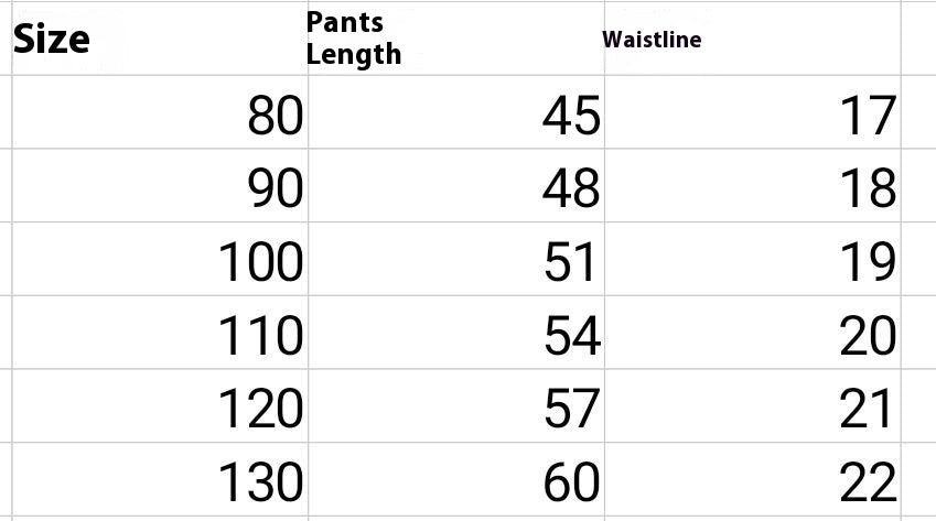 Size chart for Côte & Crown baby clothes showing pants length and waistline measurements from size 80 to 130