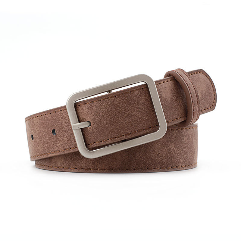  Womens Brown Leather Belt with Square Metal Buckle for Office wear