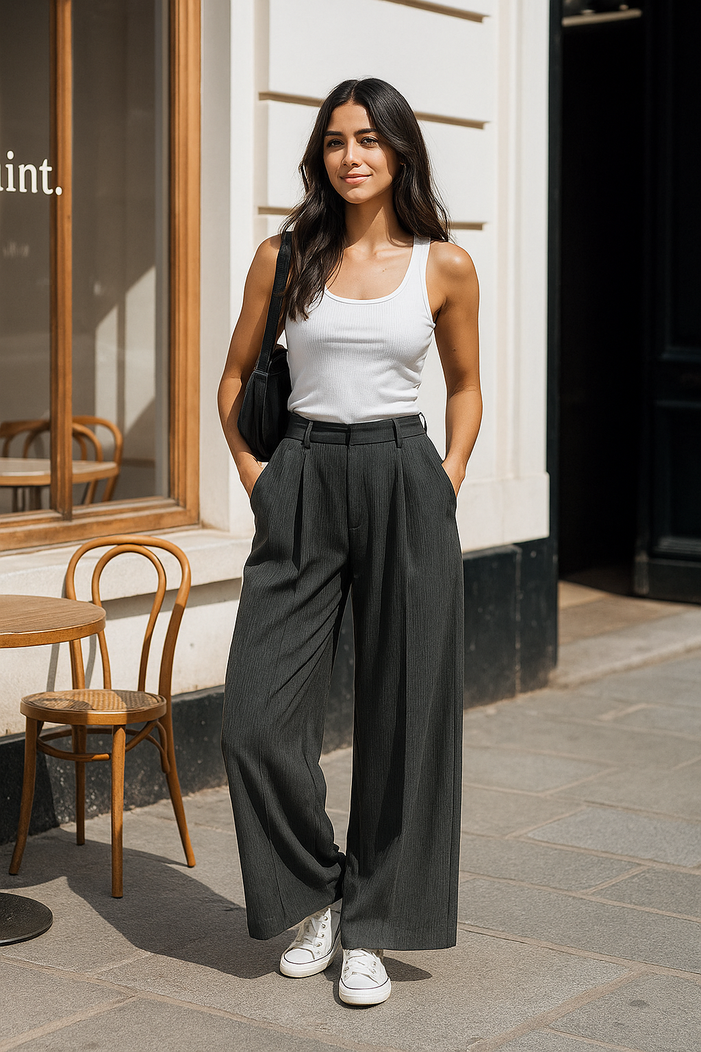 Woman wearing Côte & Crown women's grey wide-leg trousers and white tank top walking outdoors