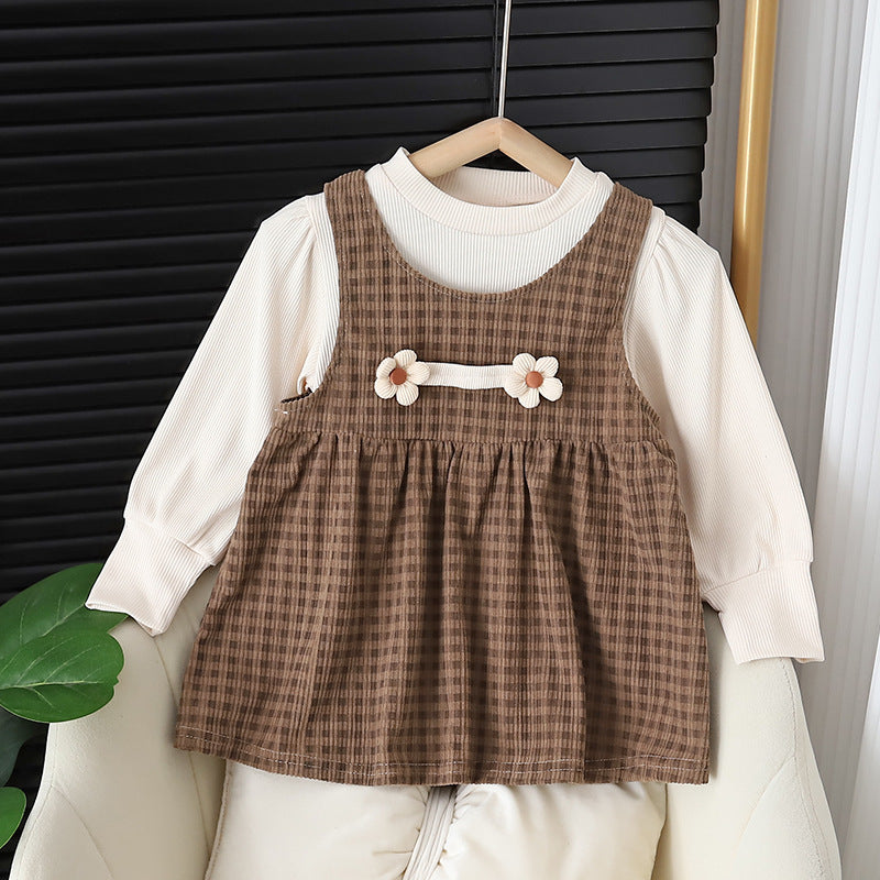 Côte & Crown Brown Check Baby Dress with Long Sleeve Top