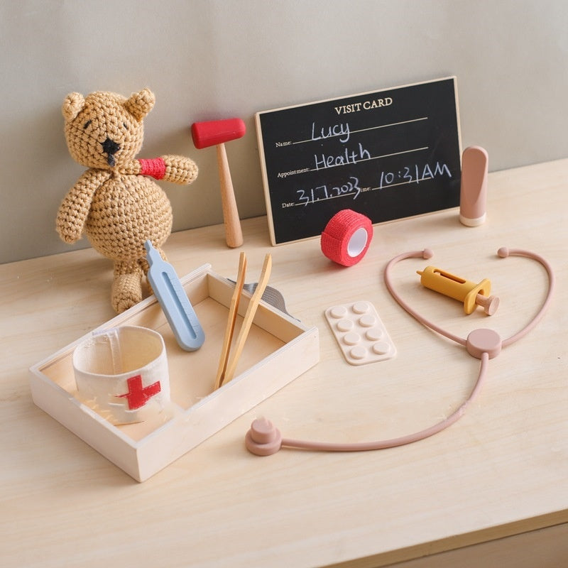 Côte & Crown children's doctor play set with toy stethoscope, syringe, bandage, and crochet teddy bear