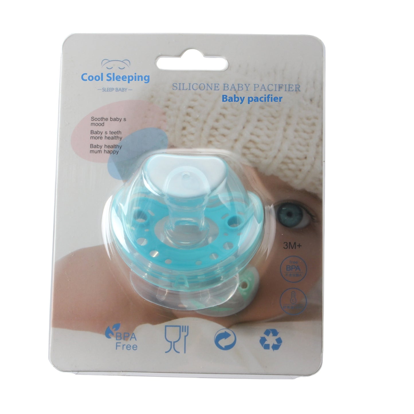 Côte & Crown silicone baby pacifier BPA free in blue with ergonomic design for babies 3 months and older