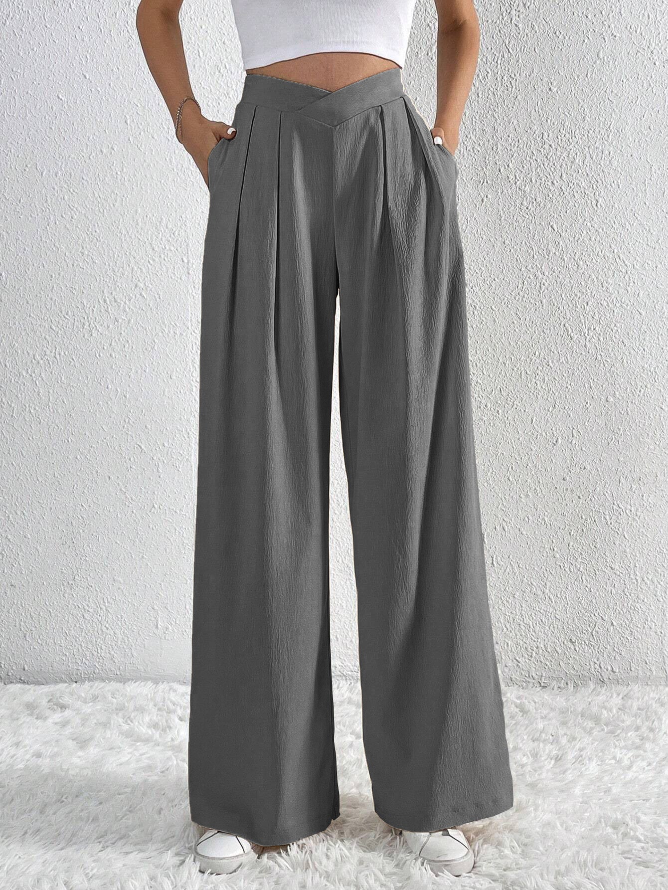 Côte & Crown women's grey wide-leg high-waisted trousers with pockets and pleated front