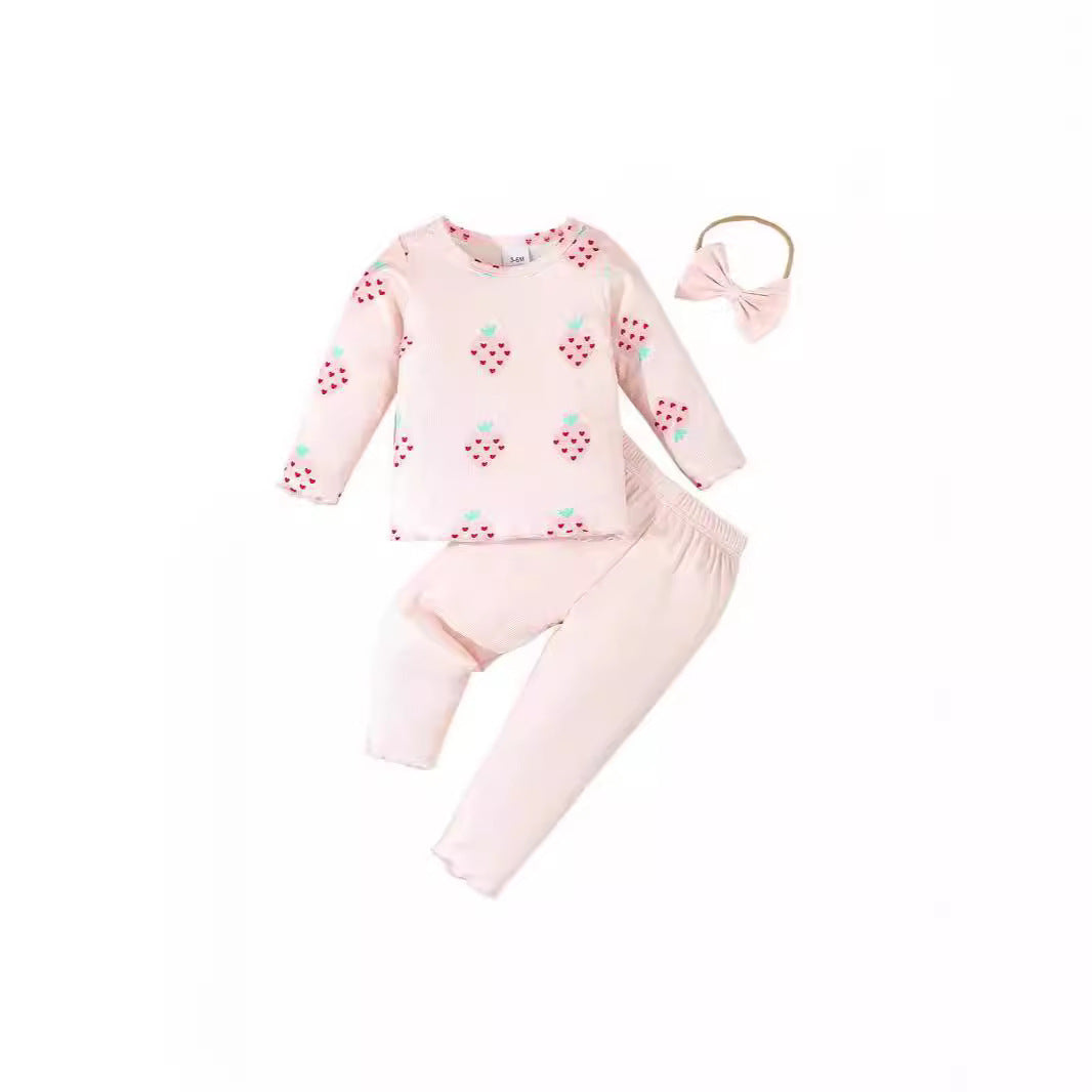 Côte & Crown infant printed 3 piece outfit with strawberry print top pants and matching headband