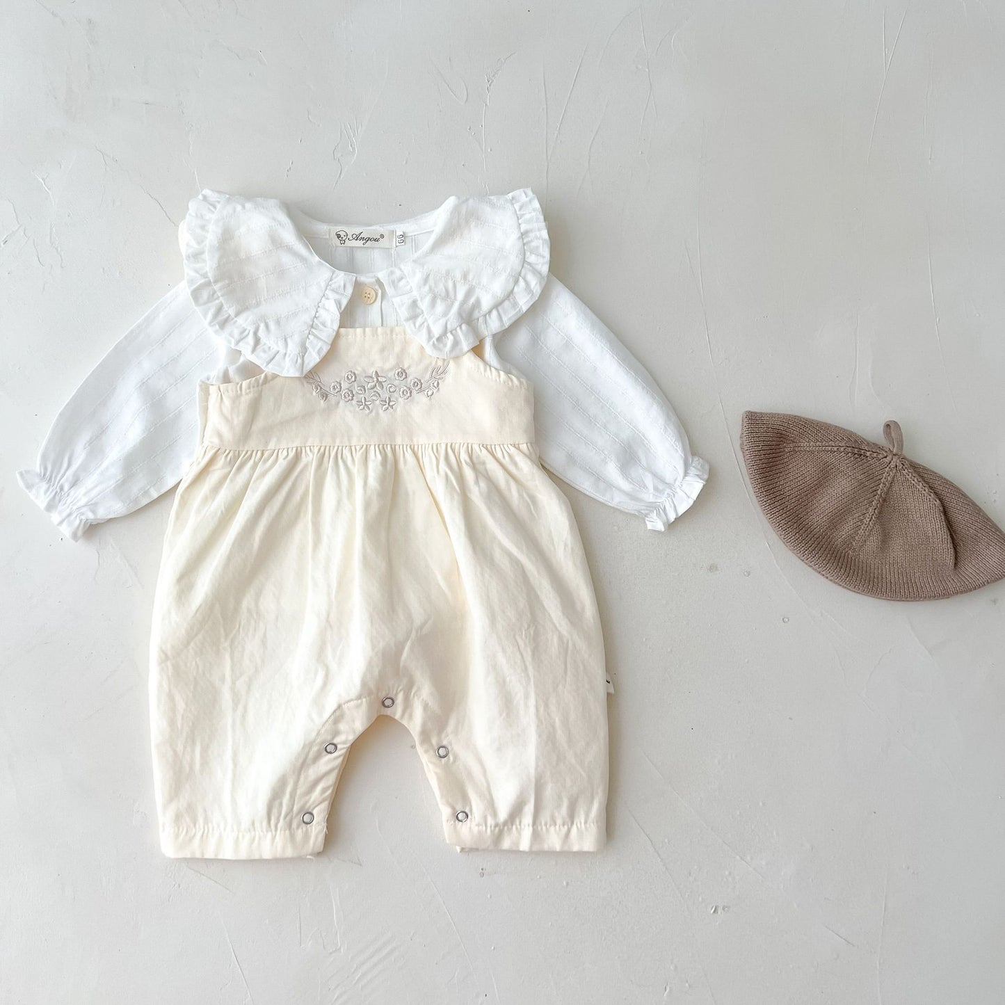 Côte & Crown baby girl loose adjustable suspender romper with white blouse luxury baby girl outfit affordable