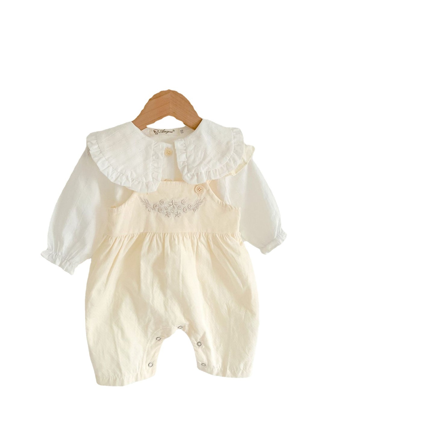 Côte & Crown baby girl's loose adjustable suspender romper with white blouse luxury baby girl outfit affordable