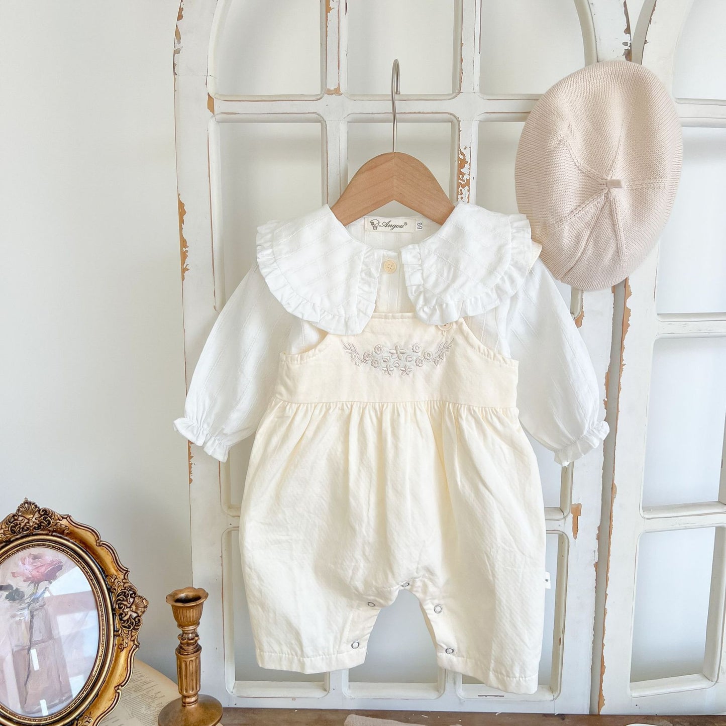 Côte & Crown baby girl loose adjustable suspender romper with white ruffled collar luxury baby girl outfit affordable