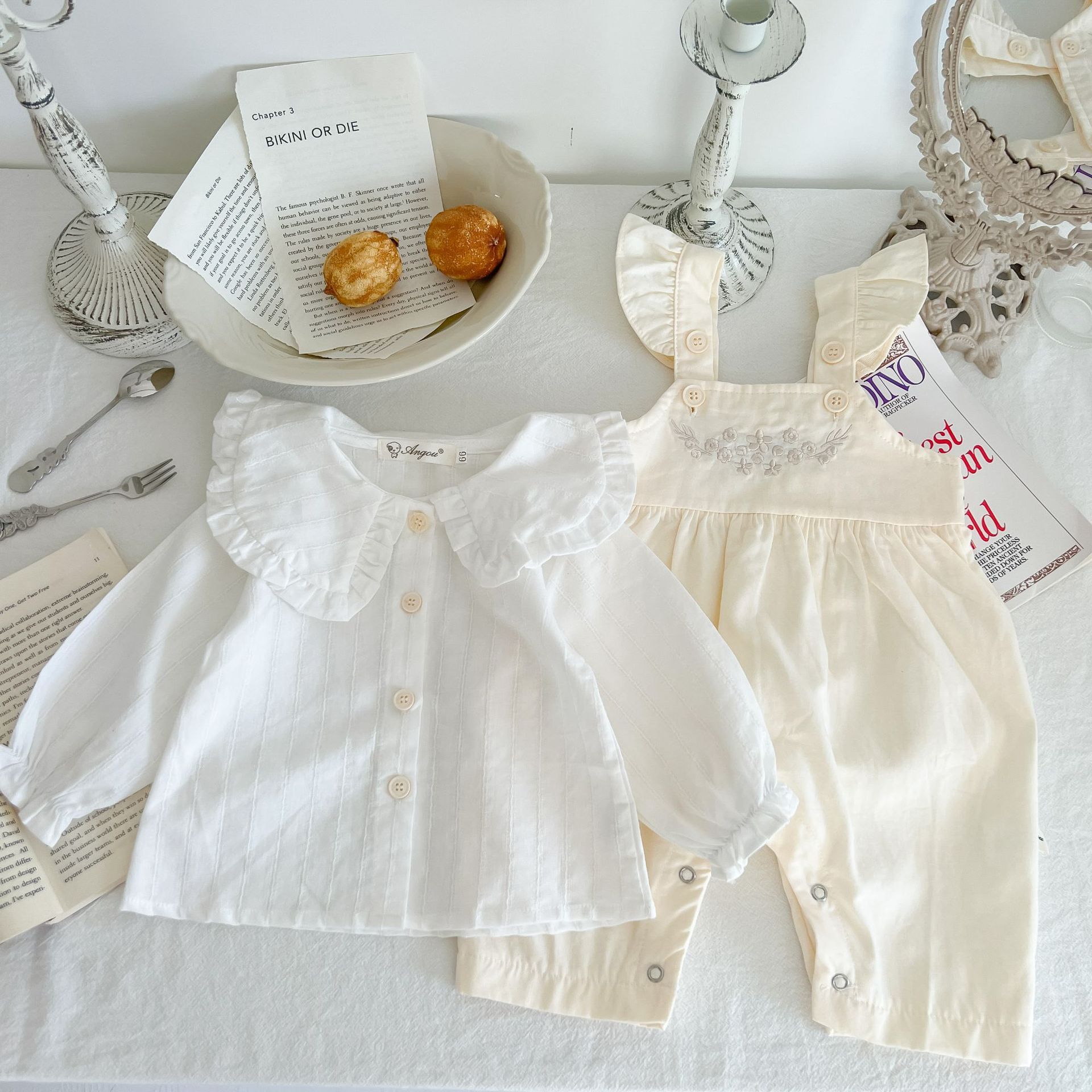Côte & Crown baby girl’s loose adjustable suspender romper and white blouse luxury baby girl outfit affordable