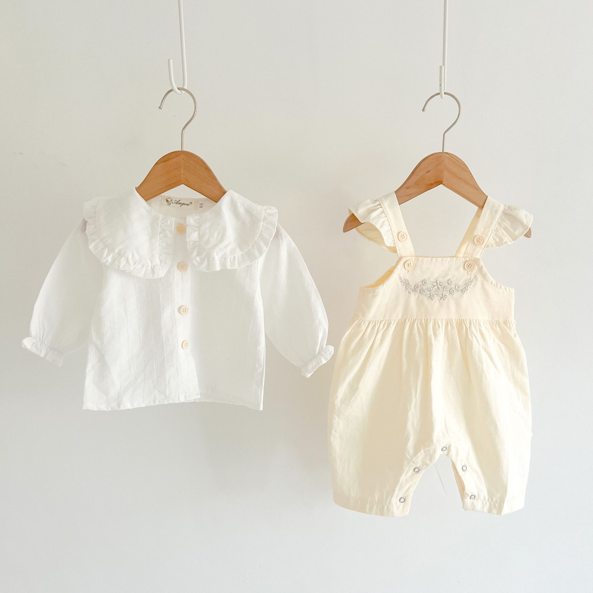 Luxury baby girl outfit affordable with white ruffle collar top and adjustable suspender romper