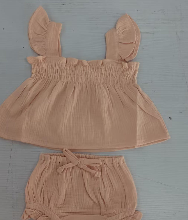 Côte & Crown girls summer sling top and shorts set in soft peach fabric with ruffle details