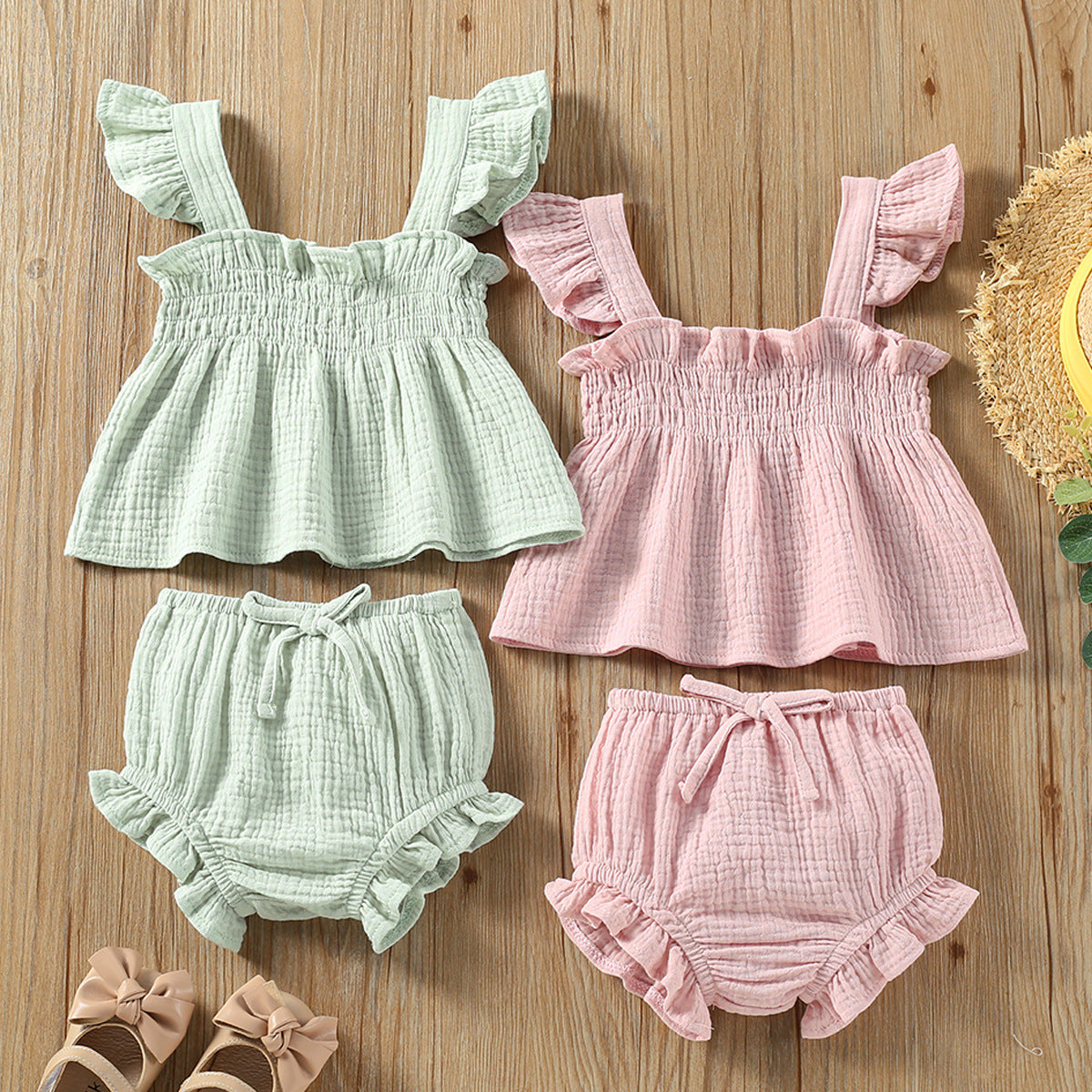 Girls summer sling top and shorts set by Côte & Crown in pastel pink and green cotton fabric
