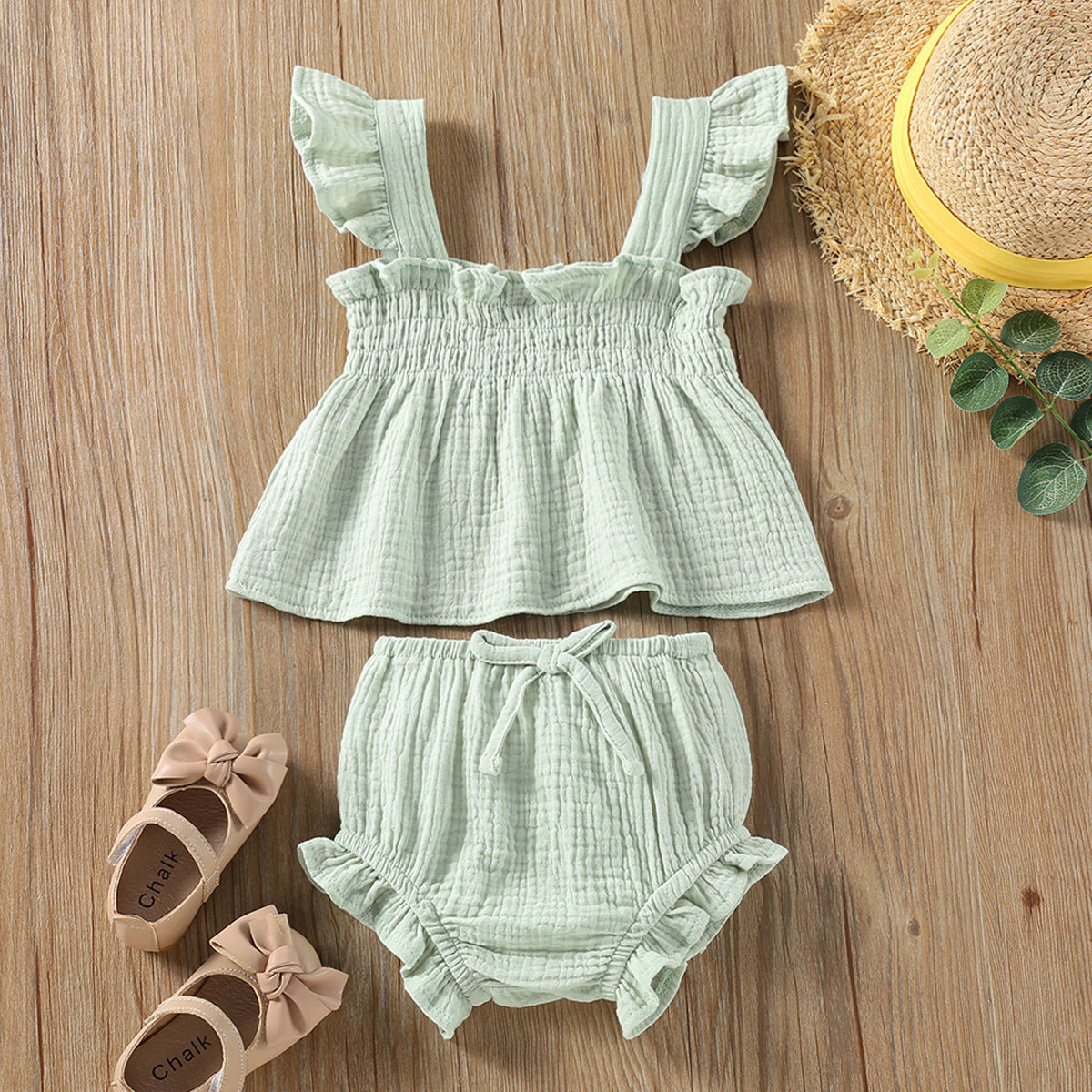 Côte & Crown girls summer sling top and shorts set in soft green cotton with ruffle details