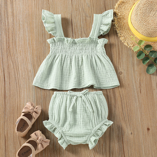 Côte & Crown girls summer sling top and shorts set in soft green cotton with ruffle details
