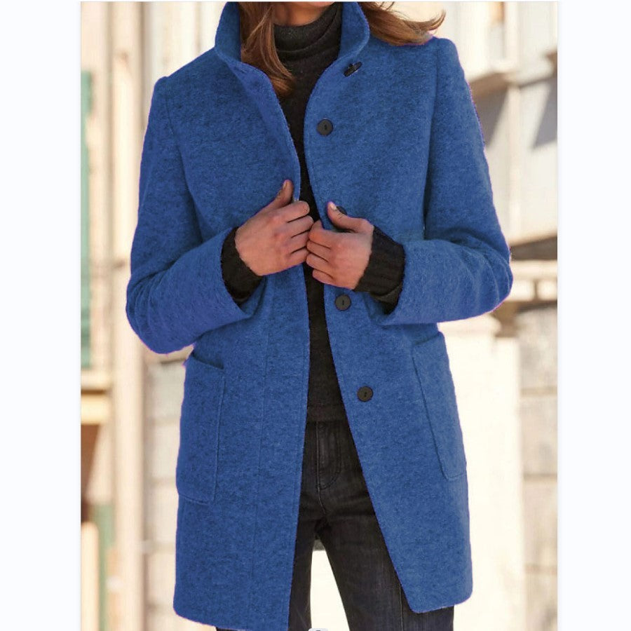 Hauteloom Women's Blue Wool Coat Suitable for Office Wear with Stylish Button Closure