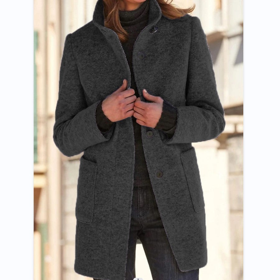 Hauteloom stylish women's office coat in dark grey with button closure and two side pockets