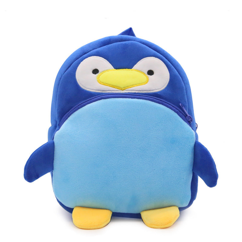 Blue penguin plush backpack for kids with soft fabric and zipper closure