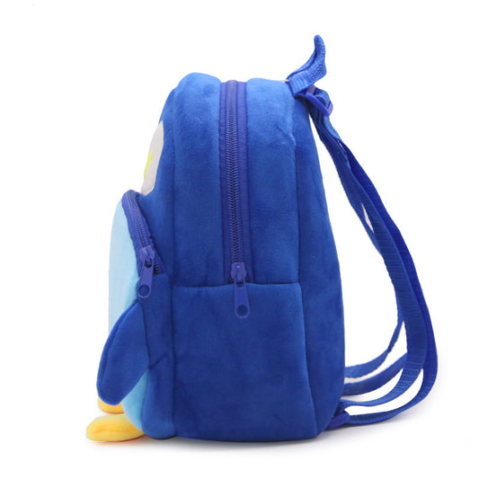 Blue plush penguin kids backpack with adjustable straps and front zipper pocket