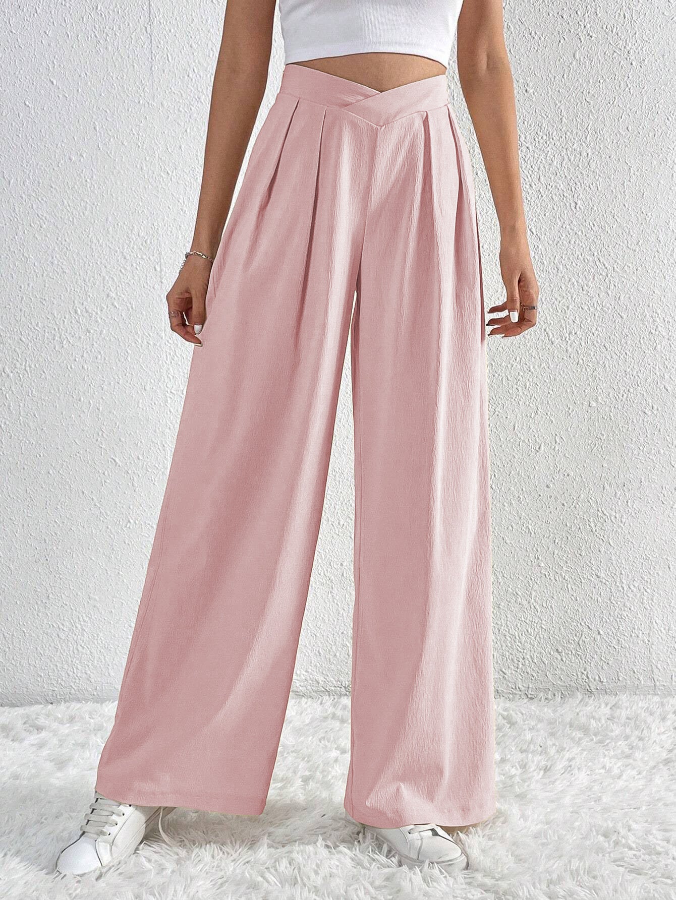 Côte & Crown womens pink high waist wide leg trousers with pleated front detail