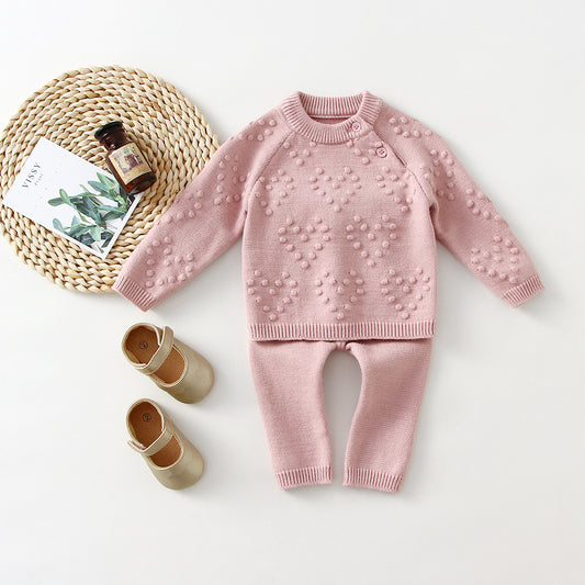 Côte & Crown children's knitted sweater set in pink with heart patterns and matching pants