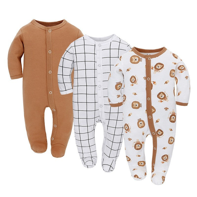 Côte & Crown baby long sleeve romper set featuring soft cotton baby sleeper in brown, grid, and lion print designs