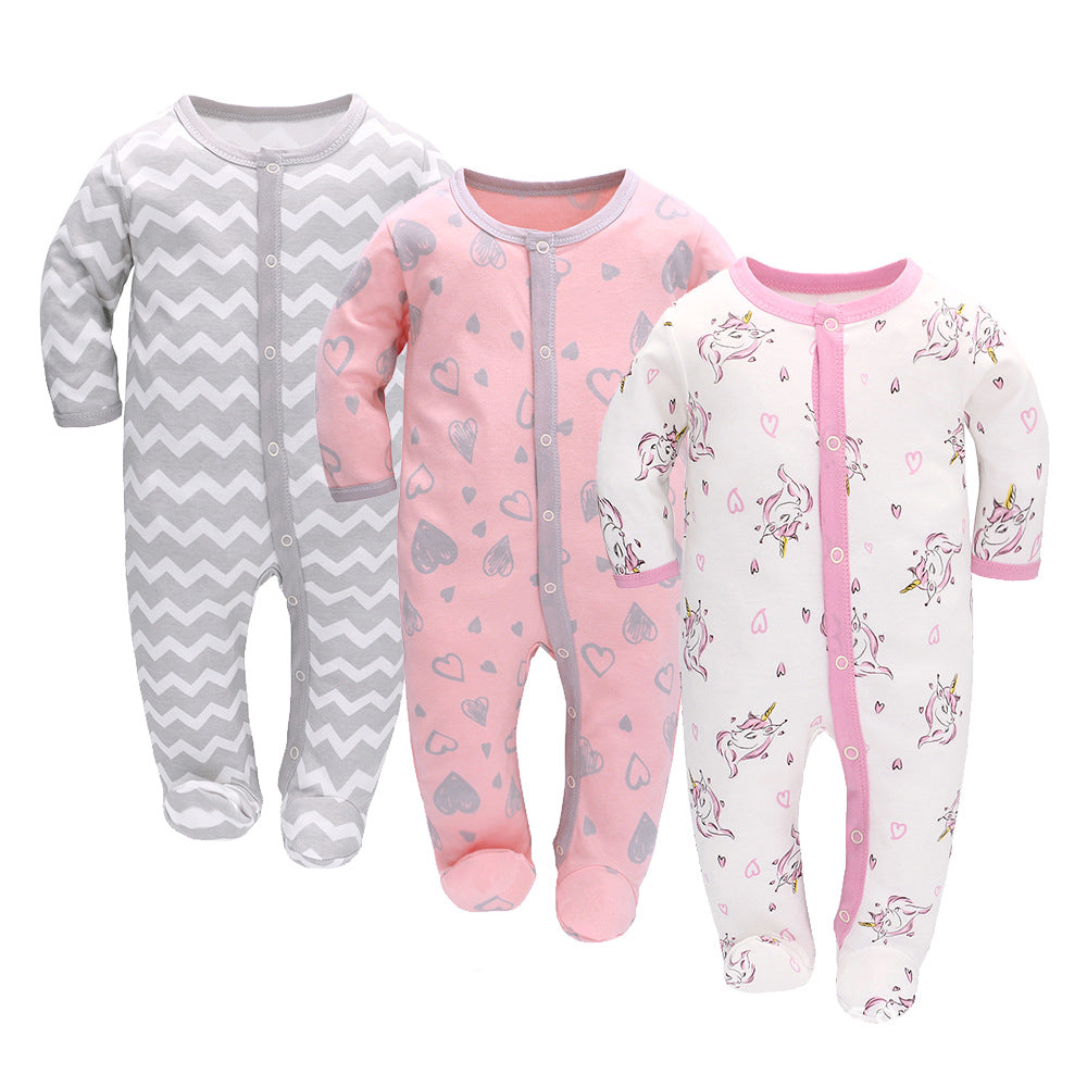 Côte & Crown soft cotton baby sleeper long sleeve rompers in gray chevron, pink hearts, and unicorn prints
