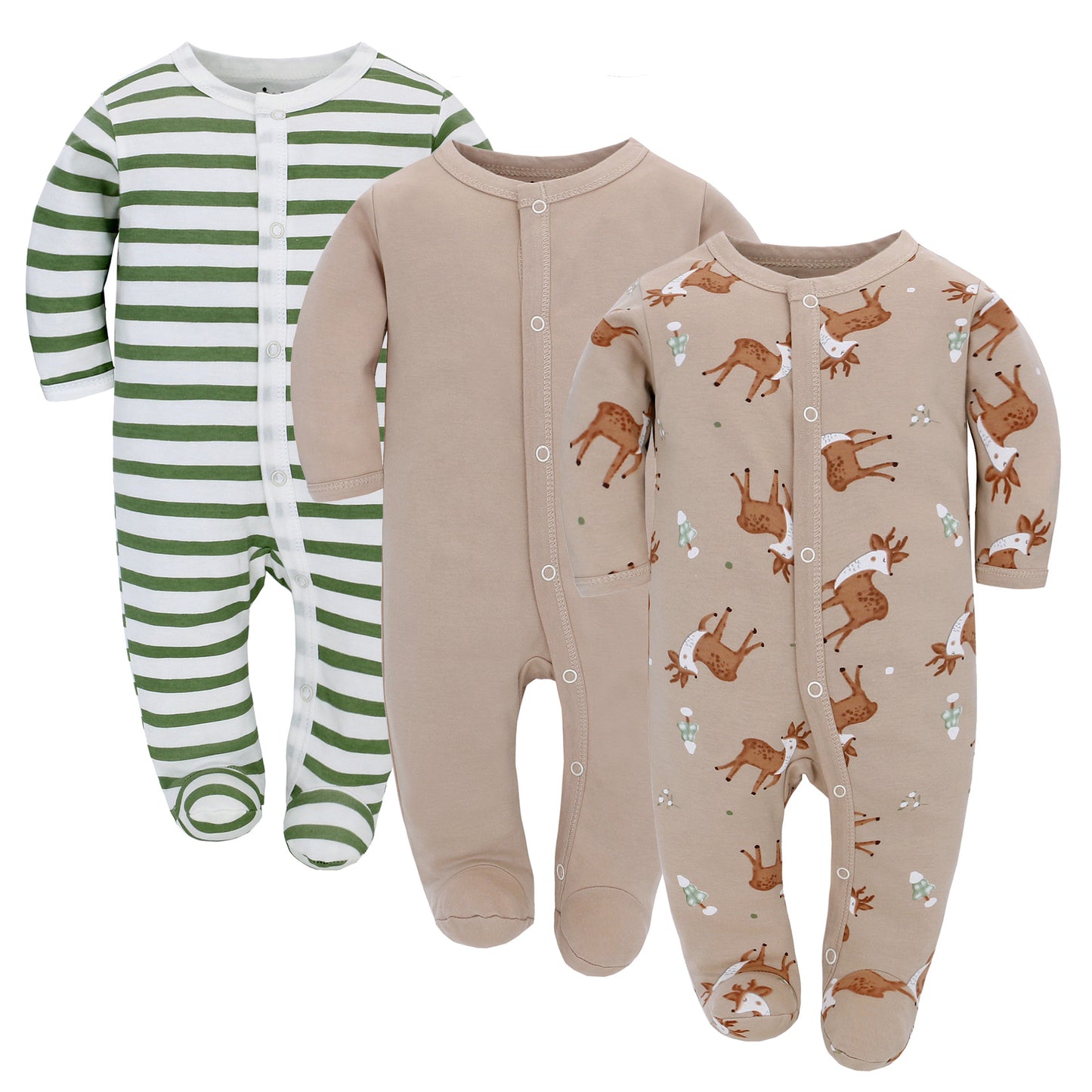 Côte & Crown soft cotton baby sleeper set with green stripes beige solid and reindeer print rompers